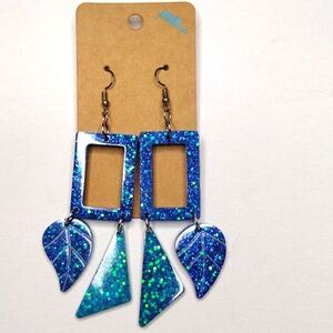 Sparkle Blue Leaf & Turquoise double dangle silver hypoallergenic hook earrings